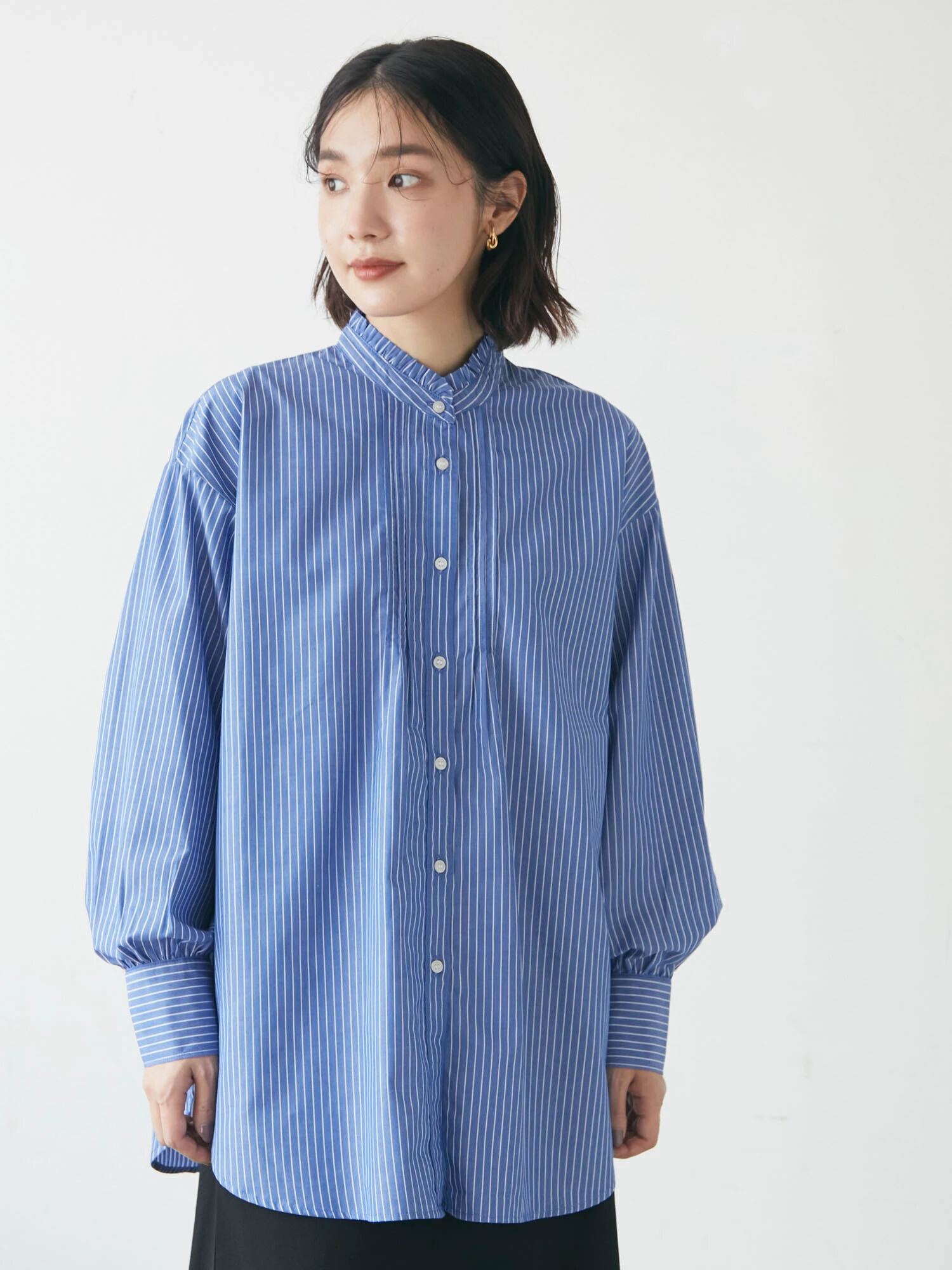 c794【トウジュー】バンドカラーフリルシャツ 綿コットン シルク ドレスシャツ