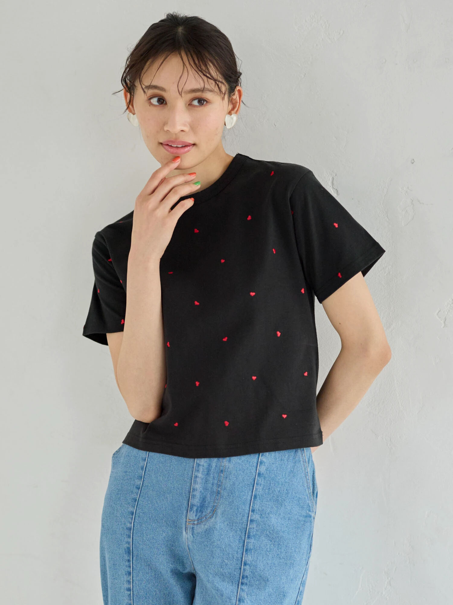 ・Double Flags ハート刺繍Tシャツ