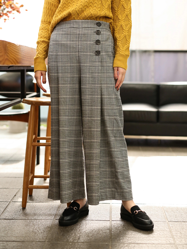 アウトレット 釦 タックチェック柄ワイドパンツ グレー イエロー Yecca Vecca イェッカヴェッカ のレディースパンツ 7a94l0f00 ファッション通販のstripe Club