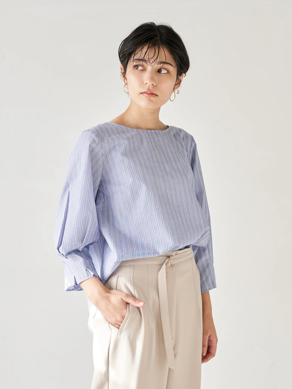 袖タックブラウス ホワイト ストライプキャメル ストライプブルー Yecca Vecca イェッカヴェッカ のレディースシャツ ブラウス 7a11l0a10 ファッション通販のstripe Club