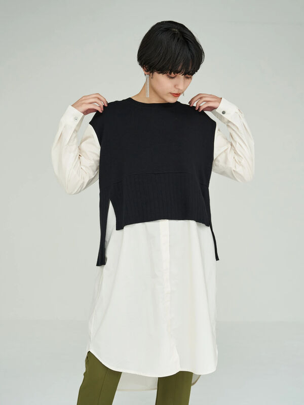 アウトレット 古着 ロングシャツレイヤードニット ブラック ベージュ Yecca Vecca イェッカヴェッカ のレディースニット セーター 7b13l2c00 ファッション通販のstripe Club