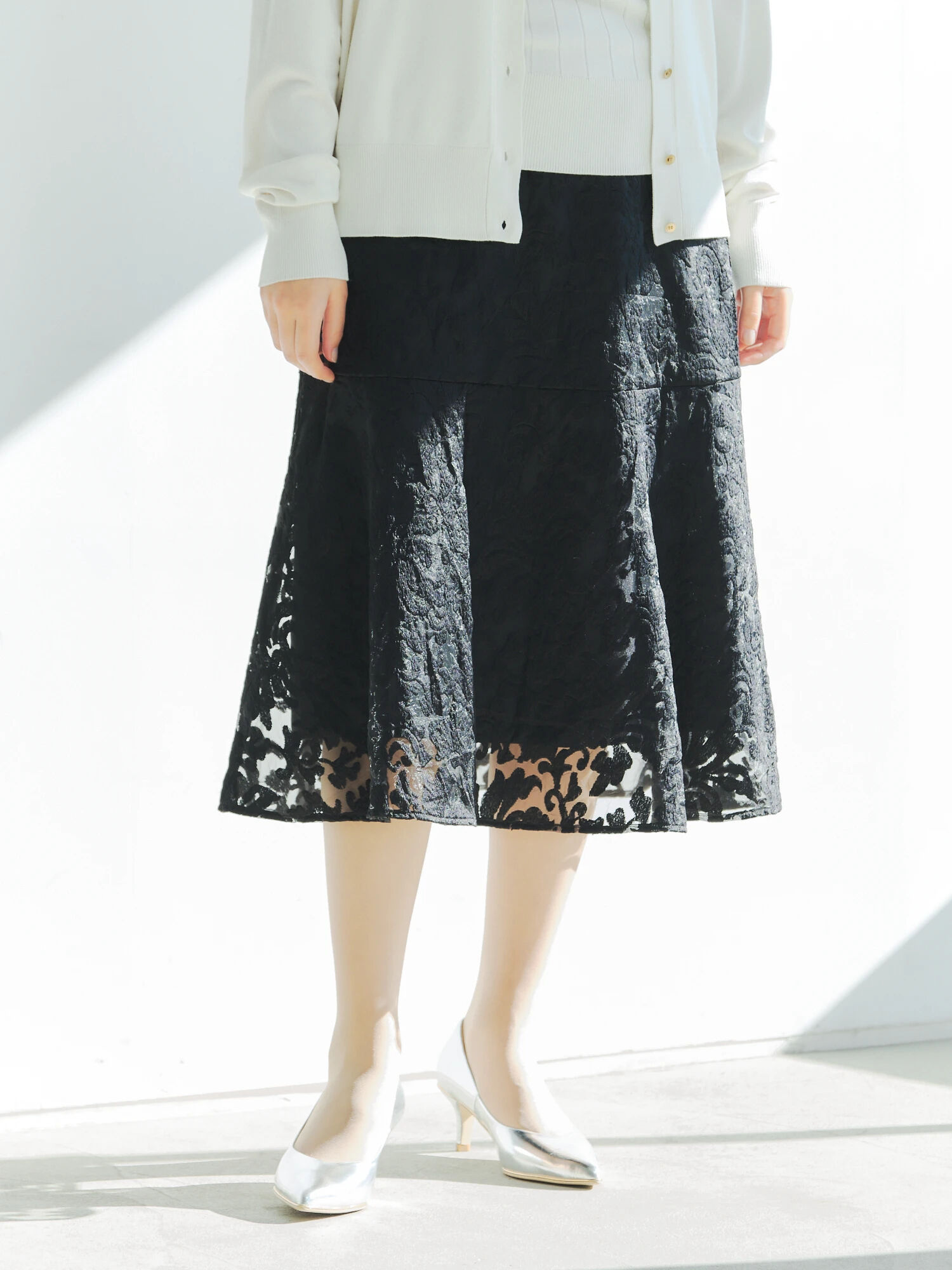 【アウトレット】オーガンジー刺繍マーメイドスカート（ブラック 