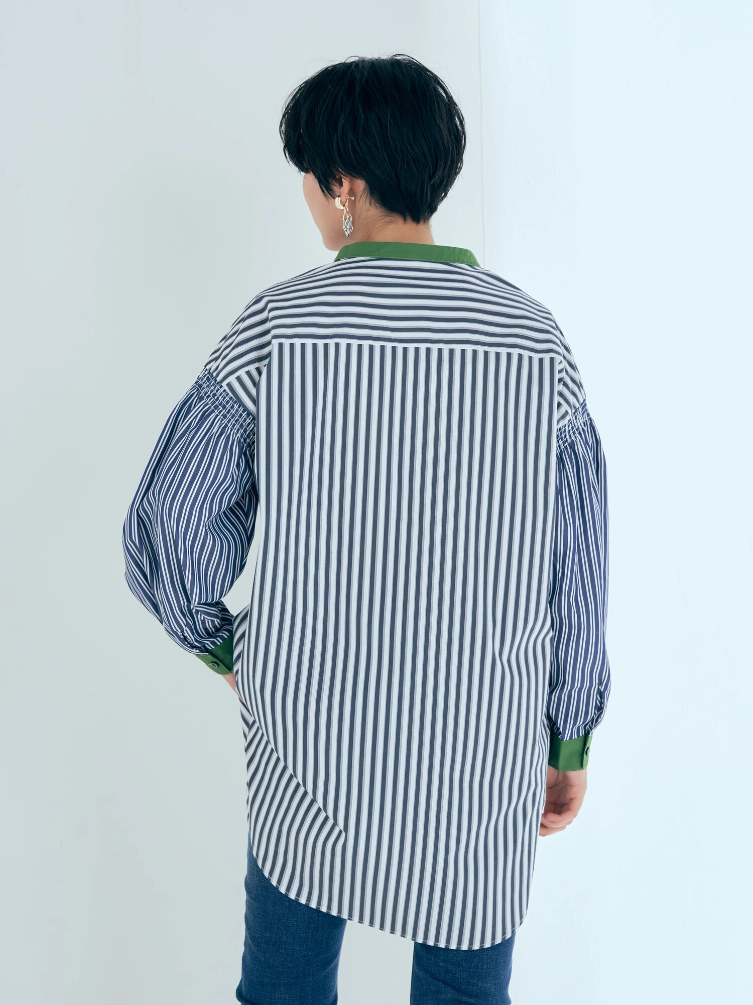 MIXストライプ柄デザインシャツ（ブルー/ネイビー） / YECCA VECCA 