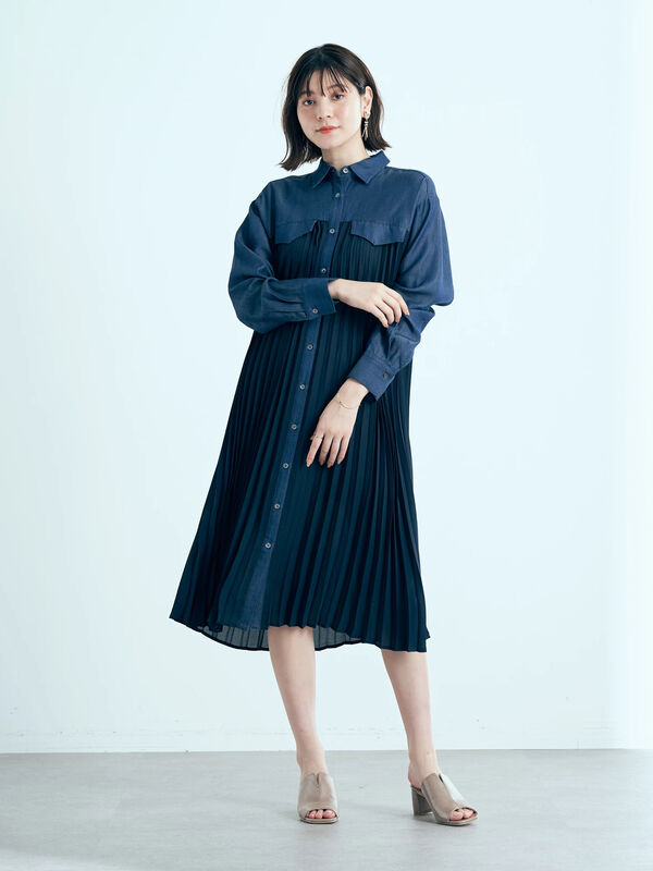 アウトレット プリーツドッキングシャツワンピース ネイビー Yecca Vecca イェッカヴェッカ のレディースワンピース 7a21l0h0400 ファッション通販のstripe Club