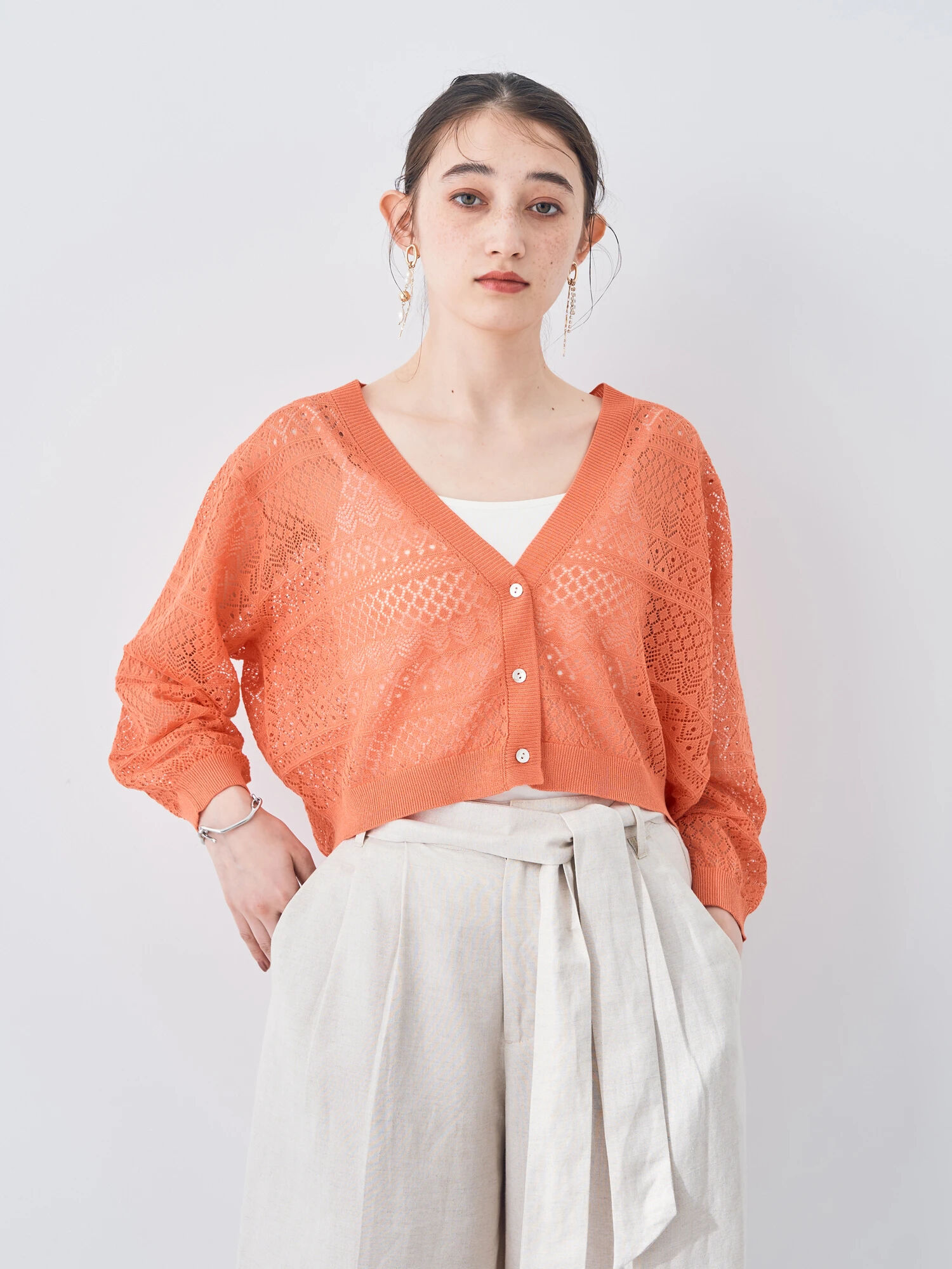 アウトレット】レース編みカーディガン（アイボリー/ブラック/オレンジ  