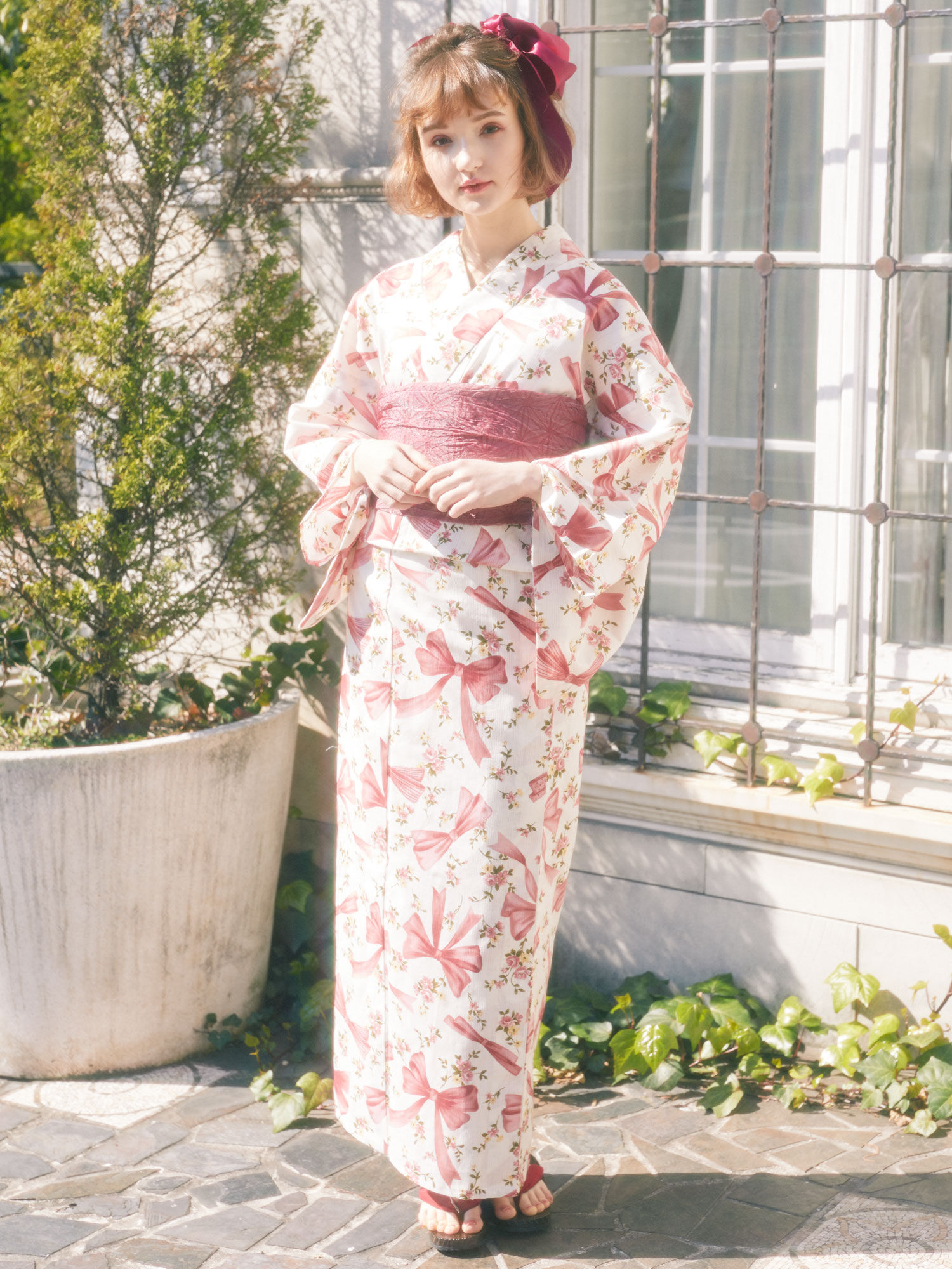 日本製・綿100% メゾンドフルール 浴衣 巴里のブーケ浴衣 ピンク 