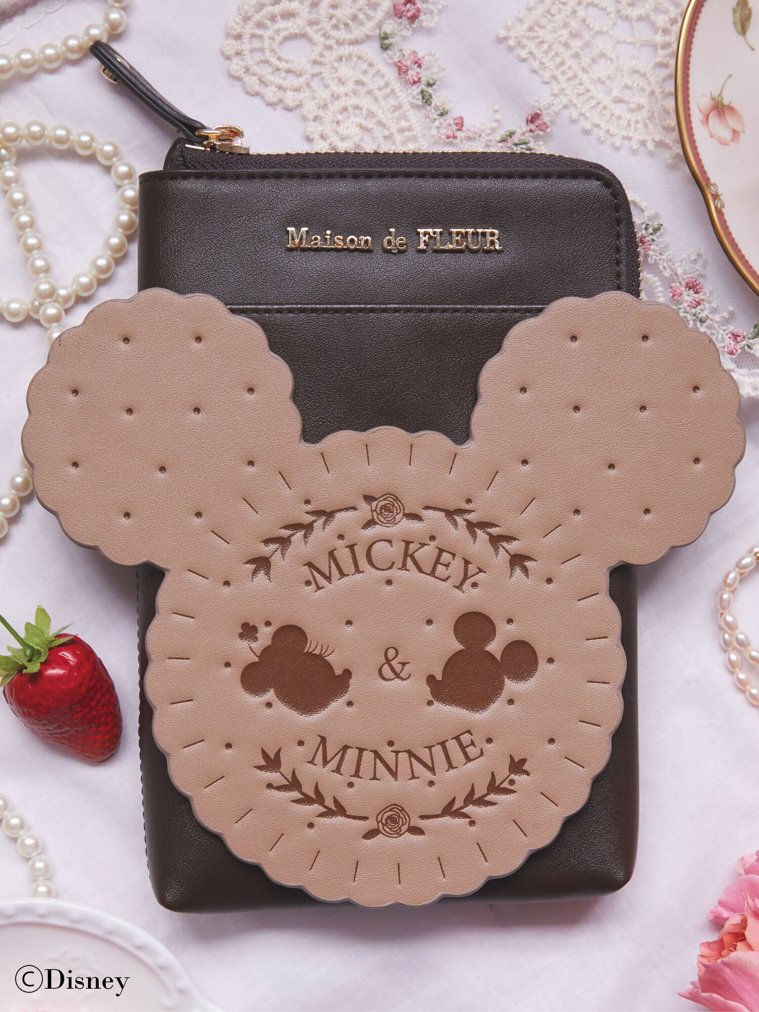 【予備生産分】Mickey&Minnie/スマホポシェット（ピンク/ブラウン
