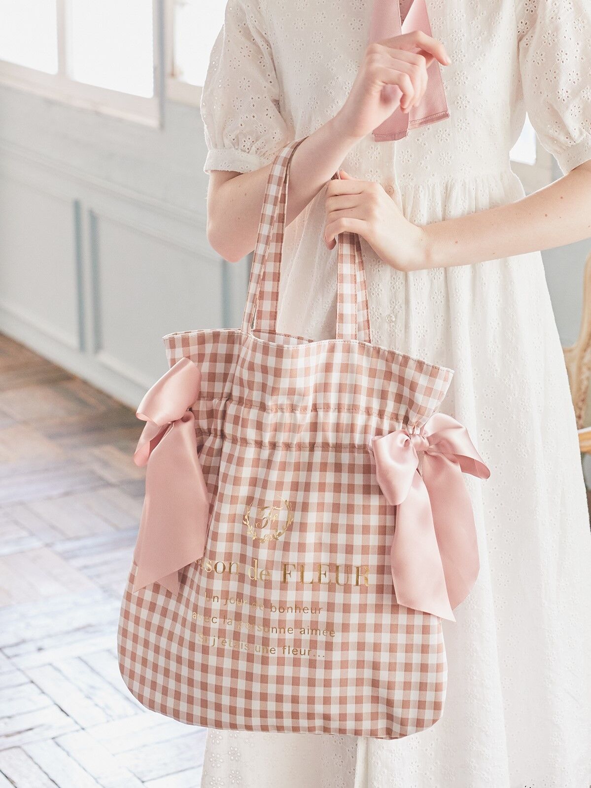 WHITE × PINK CHECK　 リボントートバッグ