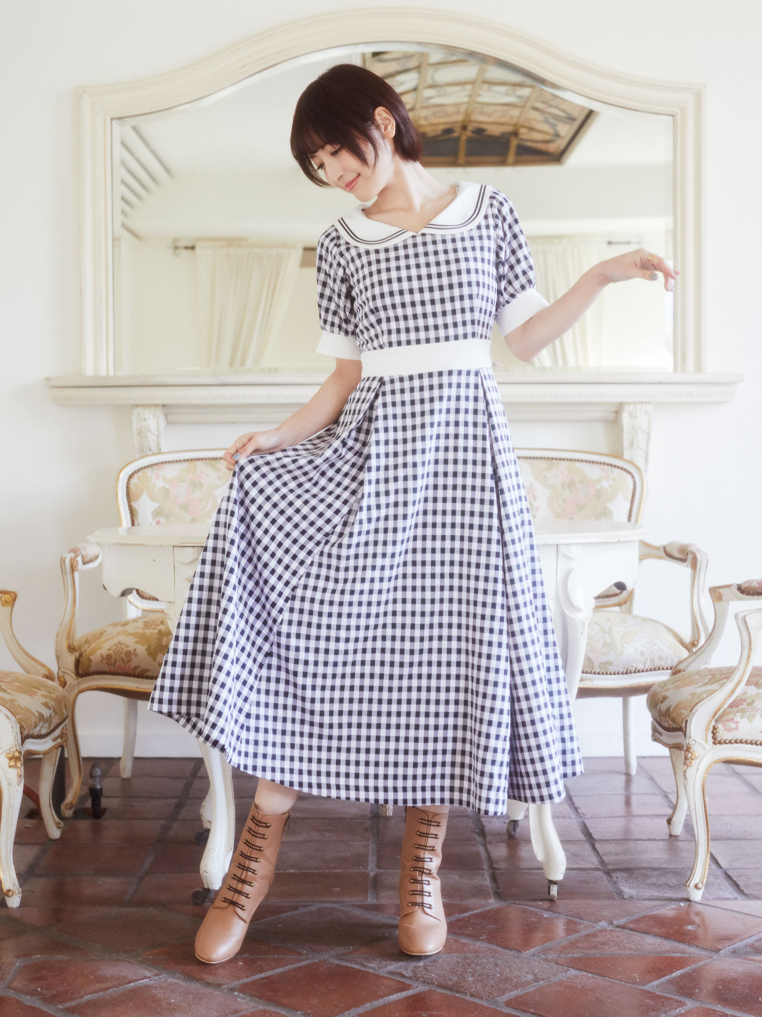 セーラーカラーギンガムワンピース サックスブルー ネイビー Maison De Fleur Petite Robe メゾンドフルール プチローブ のレディースワンピース 8d01l0h0700 ファッション通販のstripe Club