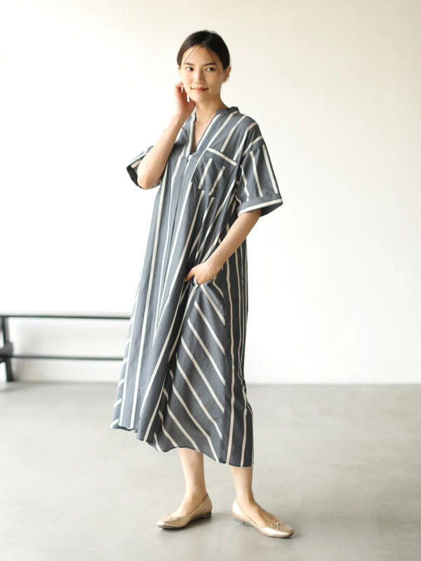 アウトレット ポケット付5分袖スキッパーフレアワンピース ブルー ストライプネイビー ストライプキャメル チェック American Holic アメリカンホリック のレディースワンピース Ha93l0h00 ファッション通販のstripe Club