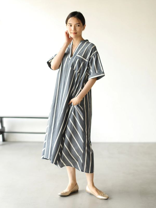 アウトレット 古着 ポケット付5分袖スキッパーフレアワンピース ブルー ストライプネイビー ストライプキャメル チェック American Holic アメリカンホリック のレディースワンピース Ha93l0h00 ファッション通販のstripe Club