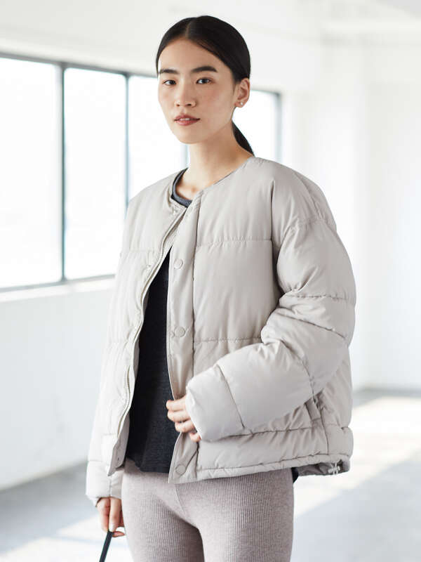 アウトレット ノーカラーエコダウンショートコート ライトグレー ブラック ベージュ イエロー グリーン チェック American Holic アメリカンホリック のレディースコート Ha94l0z0590 ファッション通販のstripe Club