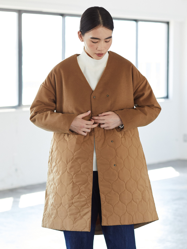 アウトレット Vネック異素材切替コート ブラック キャメル American Holic アメリカンホリック のレディースコート Ha94l0z0100 ファッション通販のstripe Club