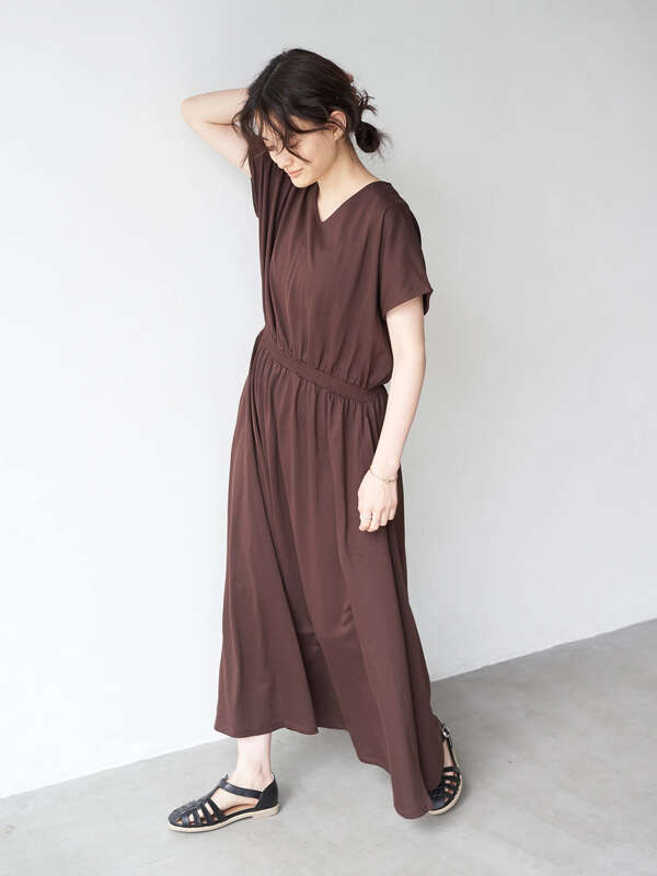 アウトレット Vネックウエストギャザーカットマキシワンピース ライトグレー チャコールグレー ブラウン カーキ ターコイズブルー American Holic アメリカンホリック のレディースワンピース Ha06l1h0500 ファッション通販のstripe Club