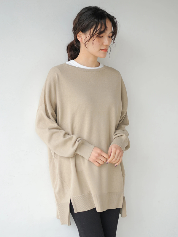 前後差ラウンドネックニットチュニック オフホワイト ベージュ イエロー ネイビー ラベンダー American Holic アメリカンホリック のレディースニット セーター Ha11l2g0690 ファッション通販のstripe Club