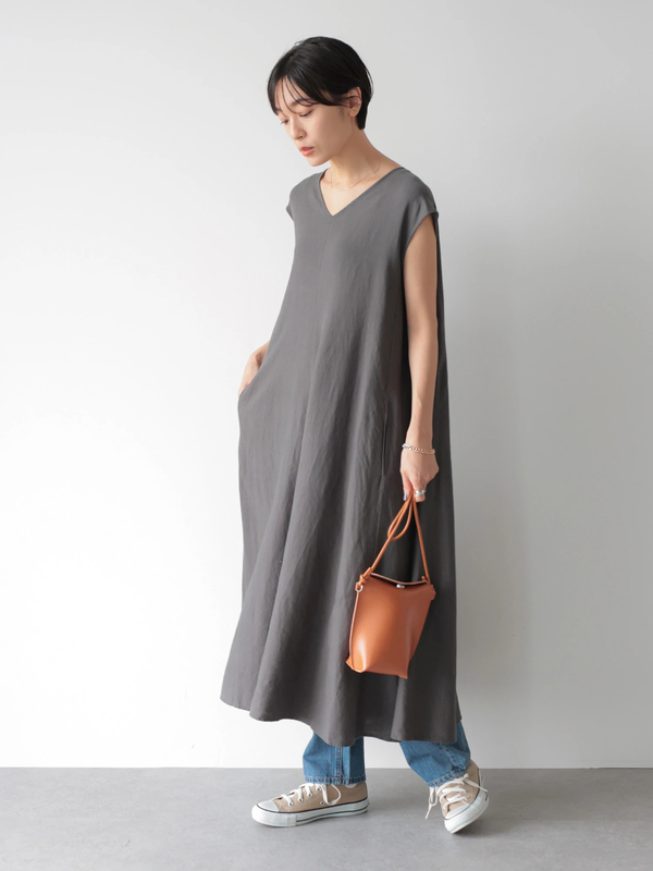 Vネックリネンブレンドフレアワンピース ライトグレー チャコールグレー マスタード ブルーグリーン American Holic アメリカンホリック のレディースワンピース Ha13l0h00 ファッション通販のstripe Club