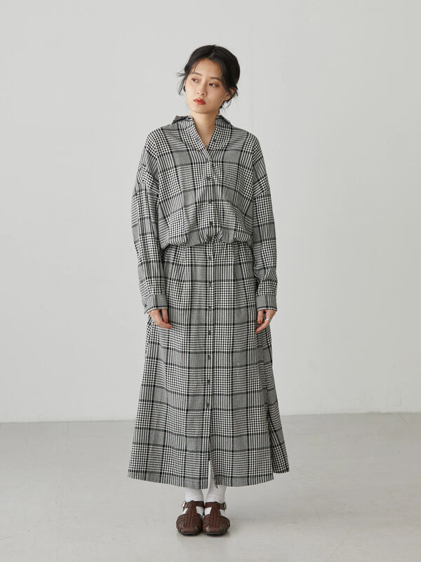 ドロップショルダーチェックシャツワンピース チェックブラック American Holic アメリカンホリック のレディースワンピース Ha21l0h1430 ファッション通販のstripe Club