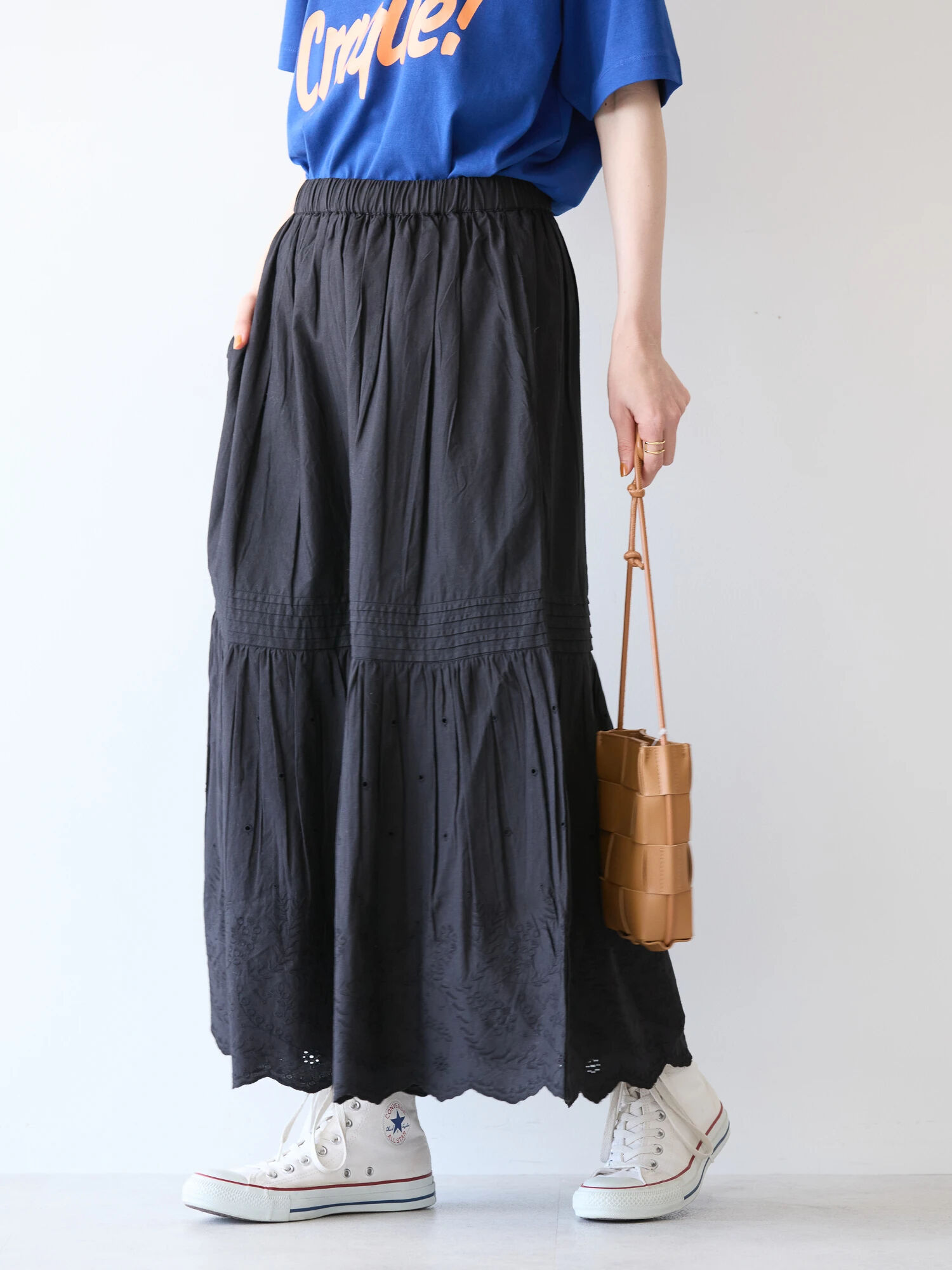 インドCottonスカラップ刺繍スカート（オフホワイト/ブラック 