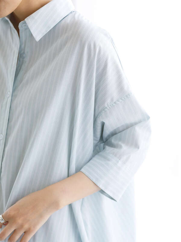 7分袖フレアシャツワンピース ホワイト グレー ベージュ ストライプ ストライプベージュ ストライプグリーン Koe コエ のレディースワンピース Kp12l0h0500 ファッション通販のstripe Club