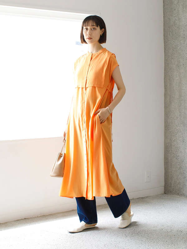 レイヤー風フレンチスリーブシャツワンピース アイボリー ブラック オレンジ グリーン ブルー ラベンダー Koe コエ のレディースワンピース Kp12l0h0900 ファッション通販のstripe Club