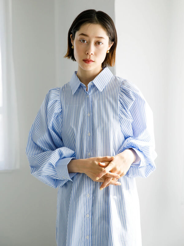 袖ボリュームストライプシャツワンピース オレンジ グリーン サックスブルー ネイビー Koe コエ のレディースワンピース Kp21l0h0100 ファッション通販のstripe Club