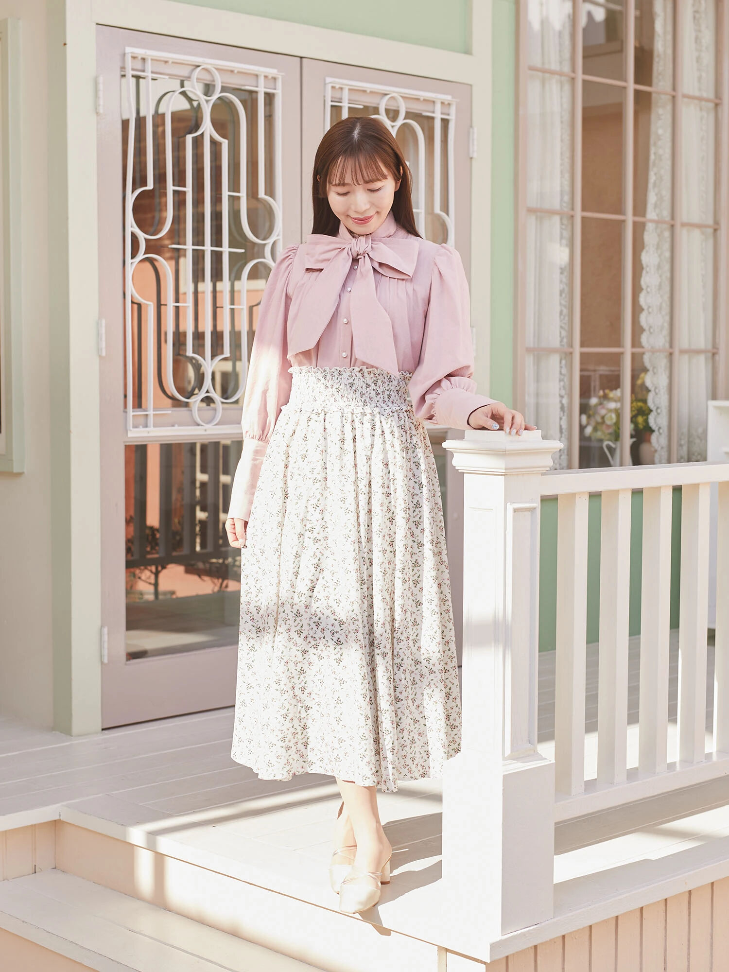 フラワーシャーリングスカート（ピンク/サックスブルー） / Areeam  