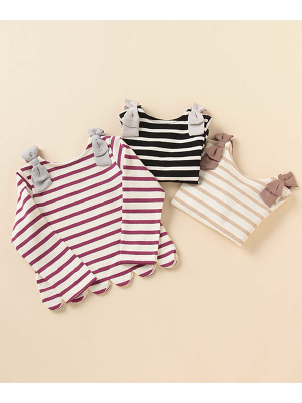 Petit Main 肩リボンスカラップボーダーtシャツ ブラック ピンク ゴールド Stripe Club Kids By Smarby ストライプクラブ キッズ バイ スマービー のキッズtシャツ Ccn9045 ファッション通販のstripe Club