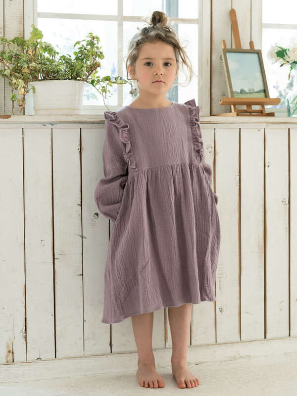 Riziere ダブルガーゼフリルワンピース ボルドー ベージュ モカ テラコッタ カーキ ブルーグリーン ロイヤルブルー パープル サーモンピンク ブルーグレー Stripe Club Kids By Smarby ストライプクラブ キッズ バイ スマービー のキッズワンピース Ccn9069