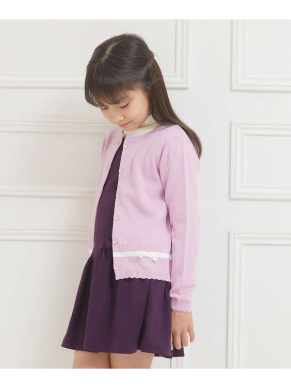 むーのんのん 子供服 女の子 カーディガン 長袖 普段着 通学着 フォーマル 入学式 お出かけ着 綿100 ライン リボン付き Moononnon ネイビー パープル Stripe Club Kids By Smarby ストライプクラブ キッズ バイ スマービー のキッズカーディガン Ccn9025