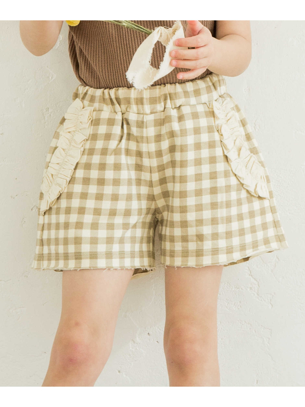 Pairmanon 春スウェットコットン100 フリル ポケット ガールズ ショートパンツ 異素材フリル ミニ裏毛 スウェット ミント チェックブラウン ドットブラック チェック柄杢グレー グレー系その他4 Moca Beg1 Stripe Club Kids By Smarby ストライプクラブ キッズ