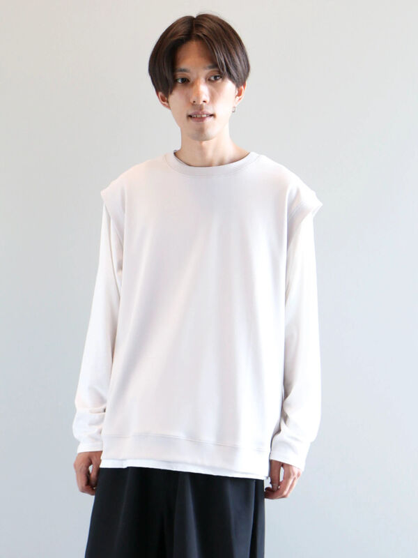 2点セット】梨地カットベスト+L/S TEE-SET（ライトグレー/ブラック