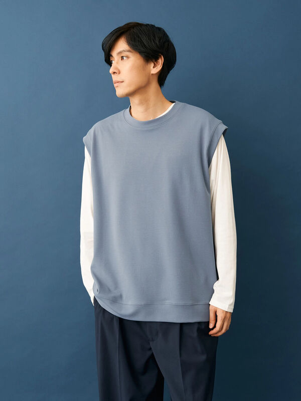 2点セット】梨地カットベスト+L/S TEE-SET（ライトグレー/ブラック