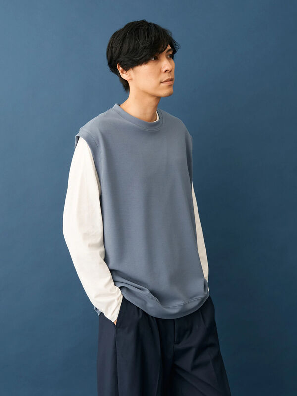 2点セット】梨地カットベスト+L/S TEE-SET（ライトグレー/ブラック