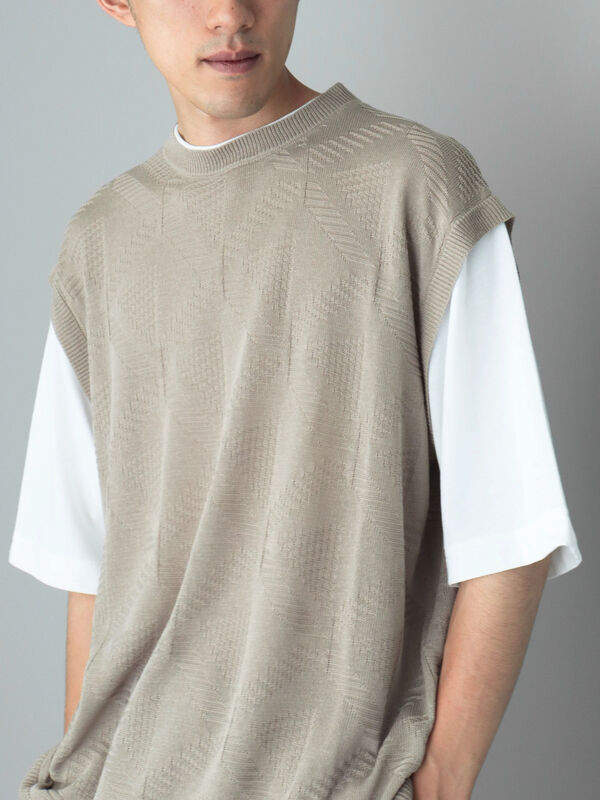 フェイクレイヤード半袖ニットTEE（チャコールグレー/グレーベージュ 