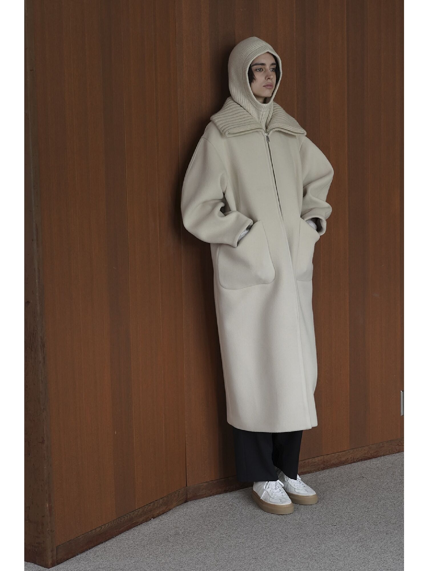 CLANE】RIB COLLAR WOOL LONG COAT（アイボリー/ブラック） / GARAGE